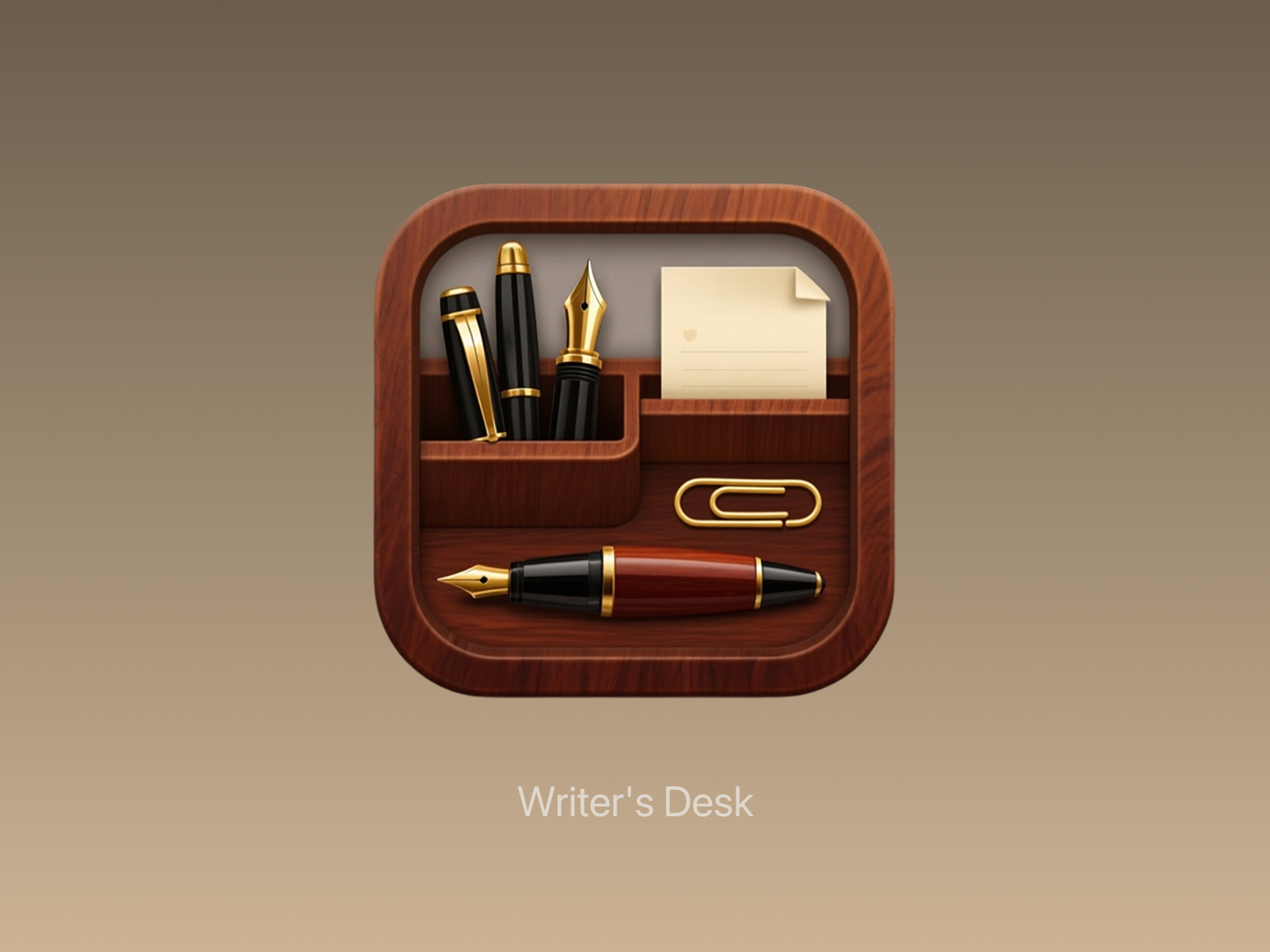 Writer's Desk - Writing app icon with wood texture and fountain pens